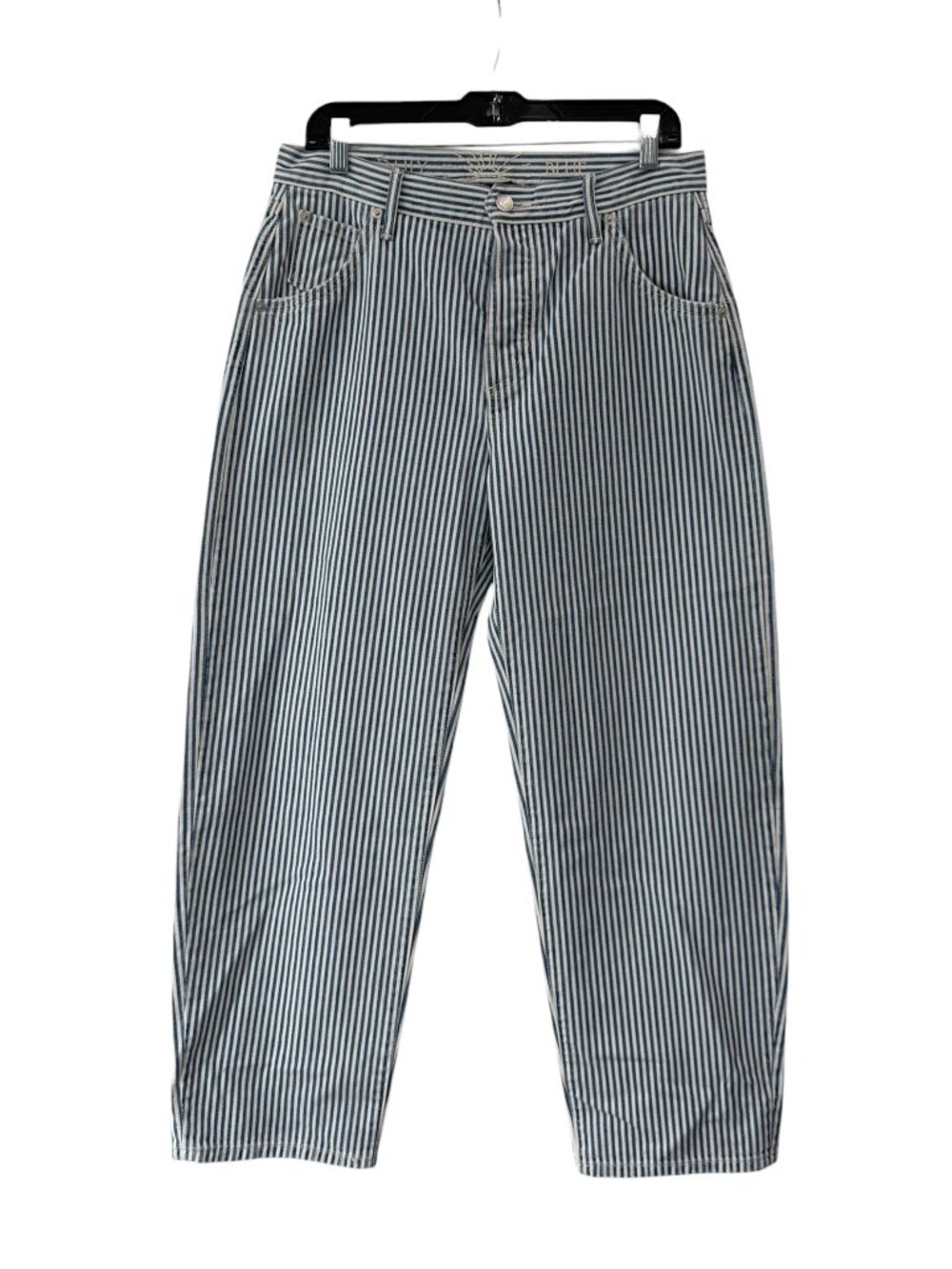 $324 Mantra Daily Blue White Striped Barrel Leg Baggy Pants size 6/29/32"
